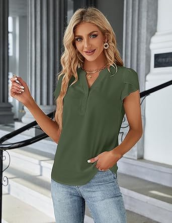 Women's Dressy Casual Tops Business Work Blouses White Button Down Shirts Cap Sleeve V Neck Tshirt