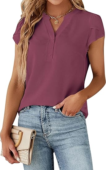 Women's Dressy Casual Tops Business Work Blouses White Button Down Shirts Cap Sleeve V Neck Tshirt