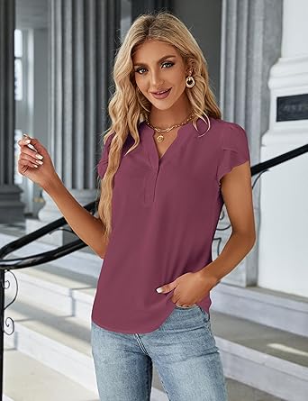 Women's Dressy Casual Tops Business Work Blouses White Button Down Shirts Cap Sleeve V Neck Tshirt