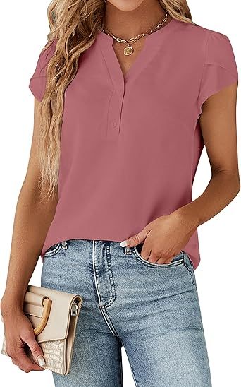 Women's Dressy Casual Tops Business Work Blouses White Button Down Shirts Cap Sleeve V Neck Tshirt