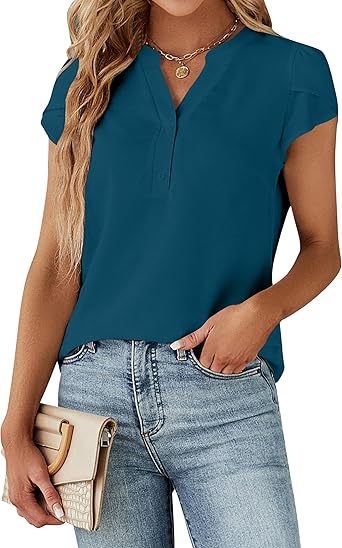 Women's Dressy Casual Tops Business Work Blouses White Button Down Shirts Cap Sleeve V Neck Tshirt