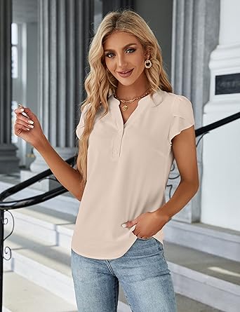 Women's Dressy Casual Tops Business Work Blouses White Button Down Shirts Cap Sleeve V Neck Tshirt