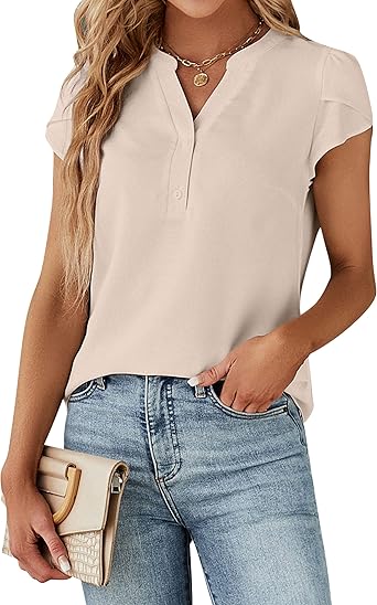 Women's Dressy Casual Tops Business Work Blouses White Button Down Shirts Cap Sleeve V Neck Tshirt