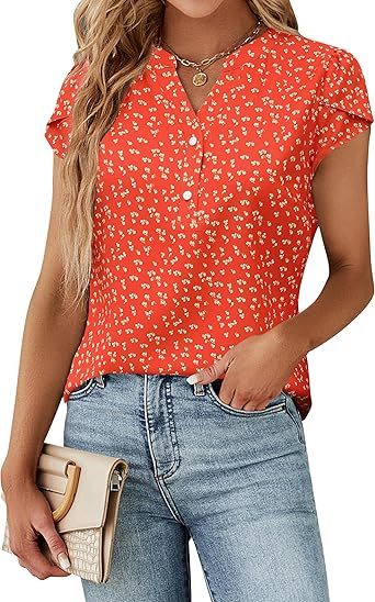 Women's Dressy Casual Tops Business Work Blouses White Button Down Shirts Cap Sleeve V Neck Tshirt