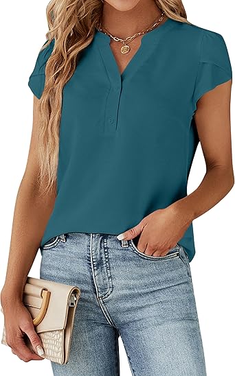 Women's Dressy Casual Tops Business Work Blouses White Button Down Shirts Cap Sleeve V Neck Tshirt