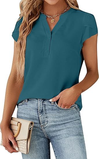 Women's Dressy Casual Tops Business Work Blouses White Button Down Shirts Cap Sleeve V Neck Tshirt