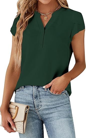 Women's Dressy Casual Tops Business Work Blouses White Button Down Shirts Cap Sleeve V Neck Tshirt