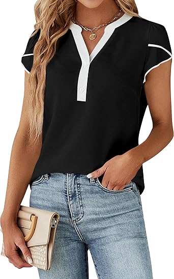 Women's Dressy Casual Tops Business Work Blouses White Button Down Shirts Cap Sleeve V Neck Tshirt