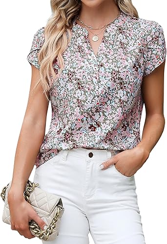 Women's Dressy Casual Tops Business Work Blouses White Button Down Shirts Cap Sleeve V Neck Tshirt