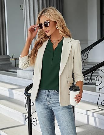 Women's Dressy Casual Tops Business Work Blouses White Button Down Shirts Cap Sleeve V Neck Tshirt