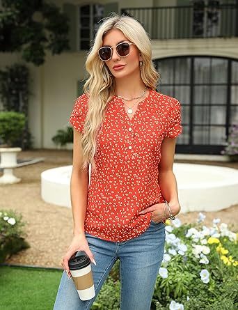 Women's Dressy Casual Tops Business Work Blouses White Button Down Shirts Cap Sleeve V Neck Tshirt