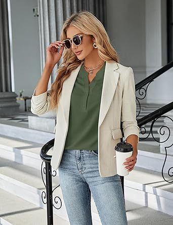 Women's Dressy Casual Tops Business Work Blouses White Button Down Shirts Cap Sleeve V Neck Tshirt