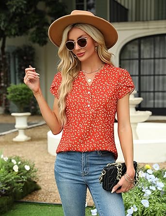 Women's Dressy Casual Tops Business Work Blouses White Button Down Shirts Cap Sleeve V Neck Tshirt