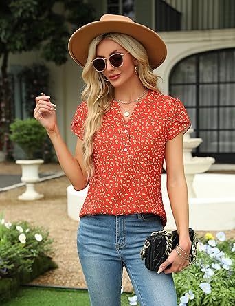 Women's Dressy Casual Tops Business Work Blouses White Button Down Shirts Cap Sleeve V Neck Tshirt