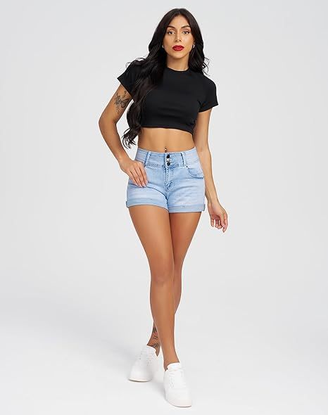 Women's High Waisted Stretchy Denim Shorts Cuffed Jean Shorts