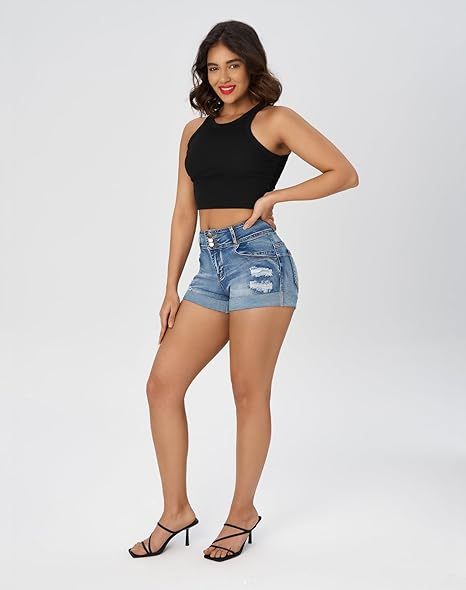 Women's High Waisted Stretchy Denim Shorts Cuffed Jean Shorts