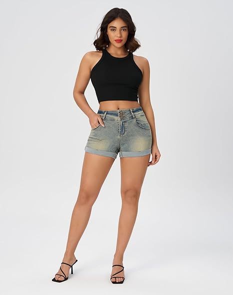 Women's High Waisted Stretchy Denim Shorts Cuffed Jean Shorts