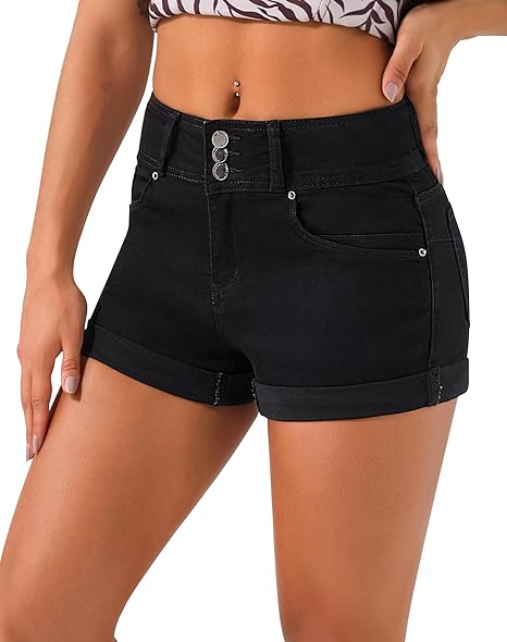 Women's High Waisted Stretchy Denim Shorts Cuffed Jean Shorts