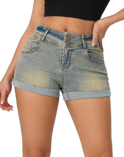 Women's High Waisted Stretchy Denim Shorts Cuffed Jean Shorts