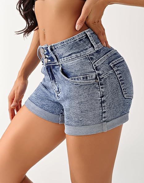 Women's High Waisted Stretchy Denim Shorts Cuffed Jean Shorts