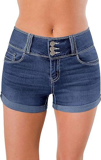 Women's High Waisted Stretchy Denim Shorts Cuffed Jean Shorts