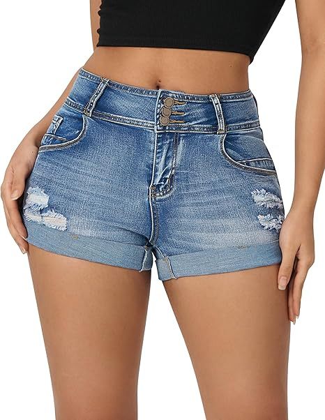 Women's High Waisted Stretchy Denim Shorts Cuffed Jean Shorts