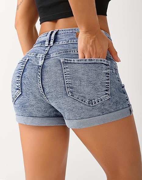 Women's High Waisted Stretchy Denim Shorts Cuffed Jean Shorts