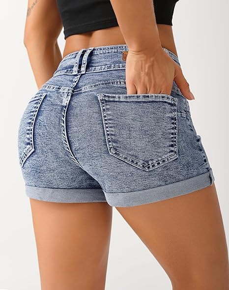 Women's High Waisted Stretchy Denim Shorts Cuffed Jean Shorts