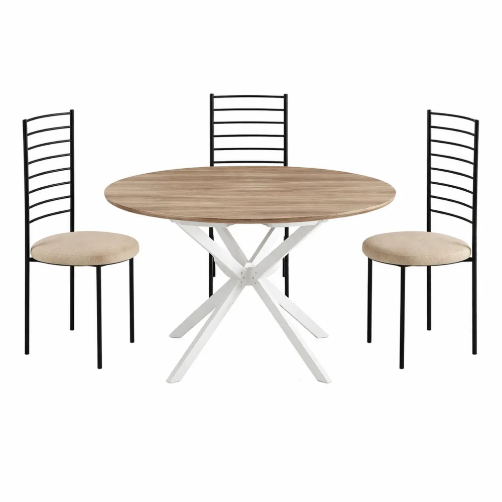 Tavolo Rotondo da Pranzo 120 cm con Gambe in Metallo Nero e Finitura Noce Invecchiato