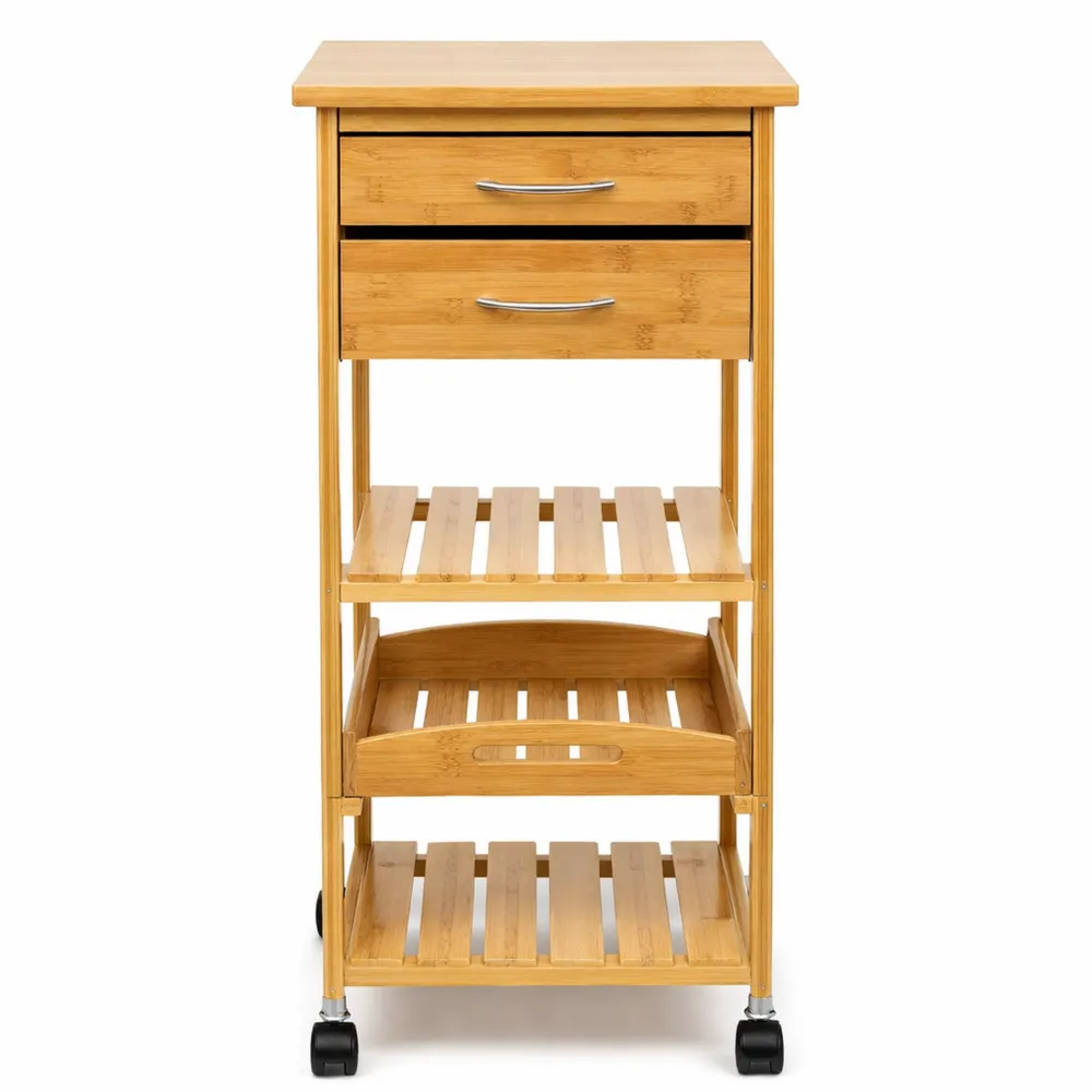 Carrello cucina in bambù con ripiani e vassoio estraibile