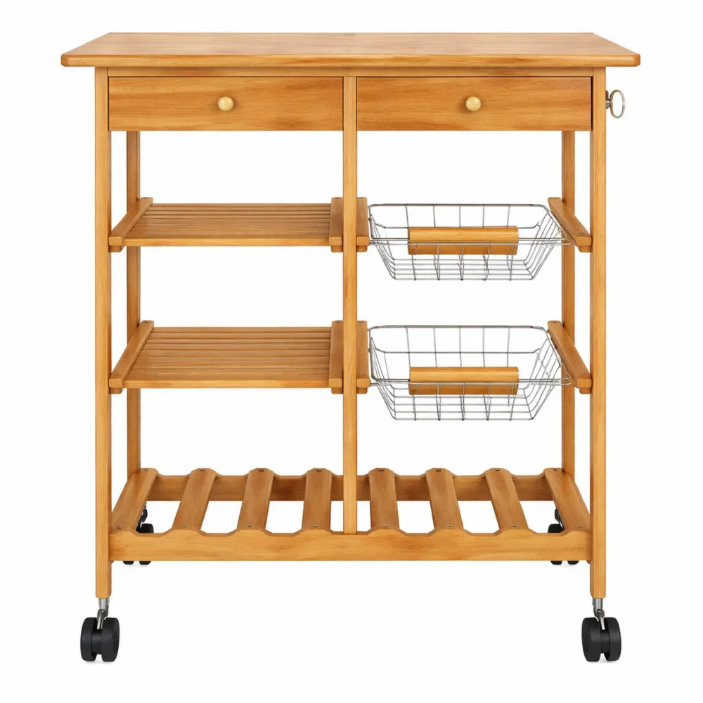 Carrello da Cucina in Bambù con Cassetti e Ruote Girevoli