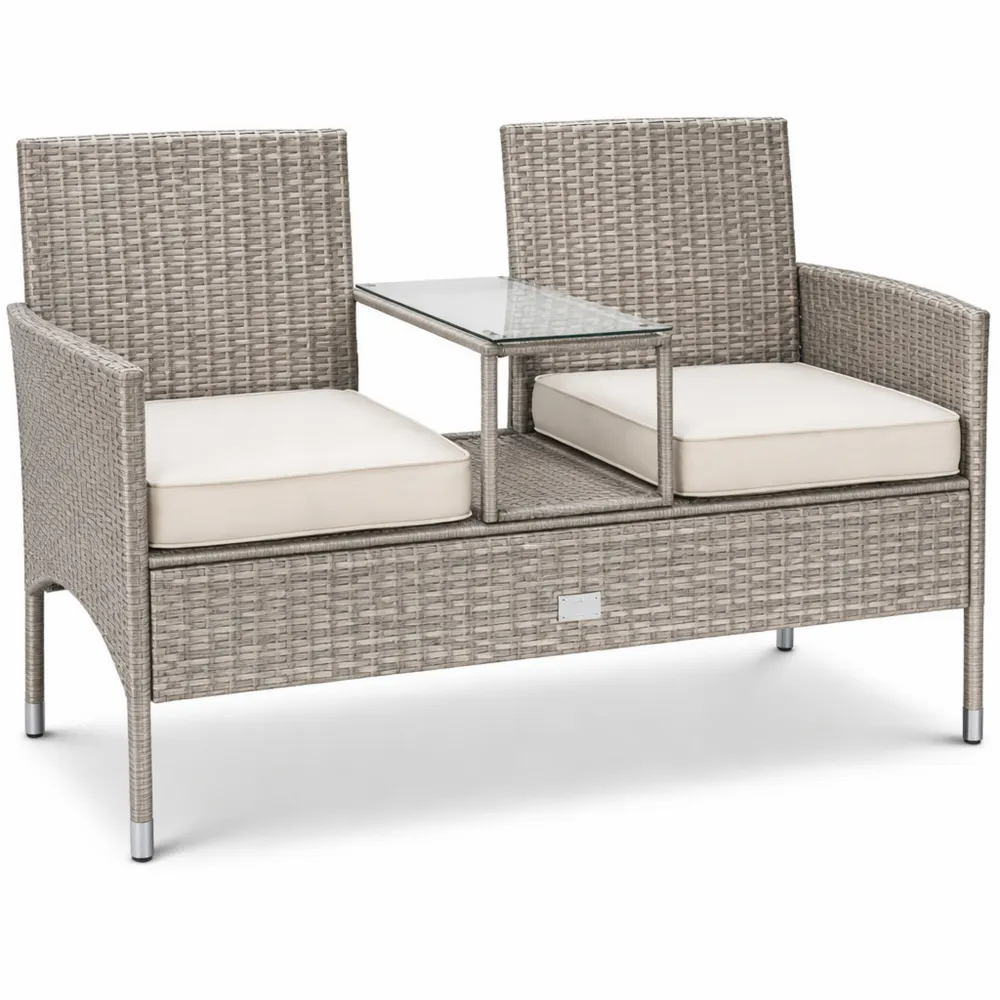 Panca da giardino in polyrattan con tavolo integrato e cuscini, 2 posti