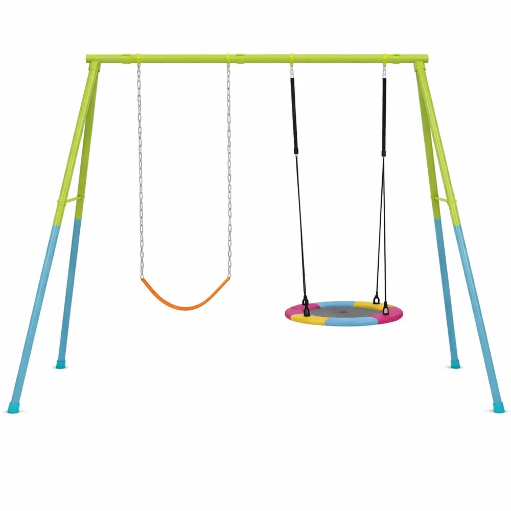 Altalena con Seggiolino e Dondolo Nido in Acciaio, Verde e Azzurro, 254x235x200 cm