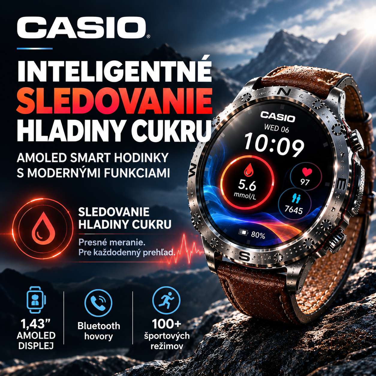 AMOLED SMART HODINKY V ŠTÝLE CASIO – HLADINA CUKRU V KRVI, BLUETOOTH HOVORY, 100+ ŠPORTOVÝCH REŽIMOV