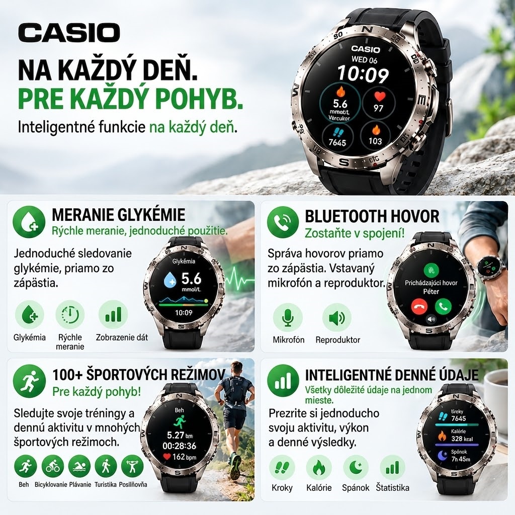 Inteligentné hodinky Casio – kombinácia modernej technológie, prémiového vzhľadu a inteligentných funkcií, ktorá spĺňa požiadavky každodenného života.