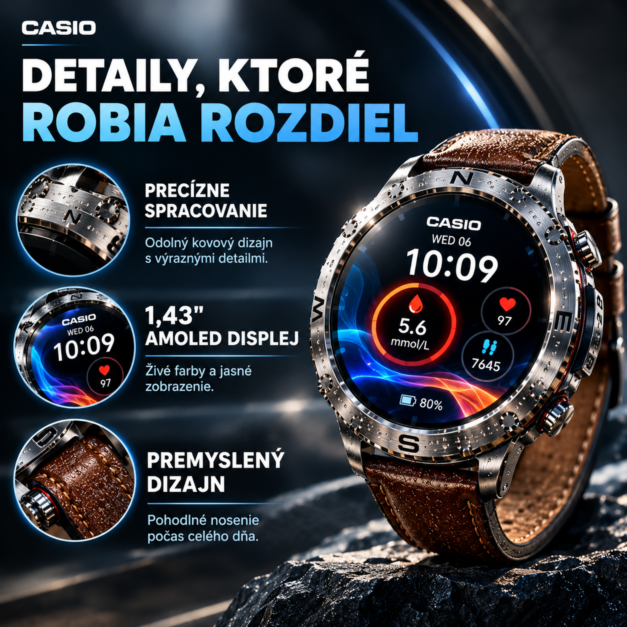 AMOLED SMART HODINKY V ŠTÝLE CASIO – HLADINA CUKRU V KRVI, BLUETOOTH HOVORY, 100+ ŠPORTOVÝCH REŽIMOV