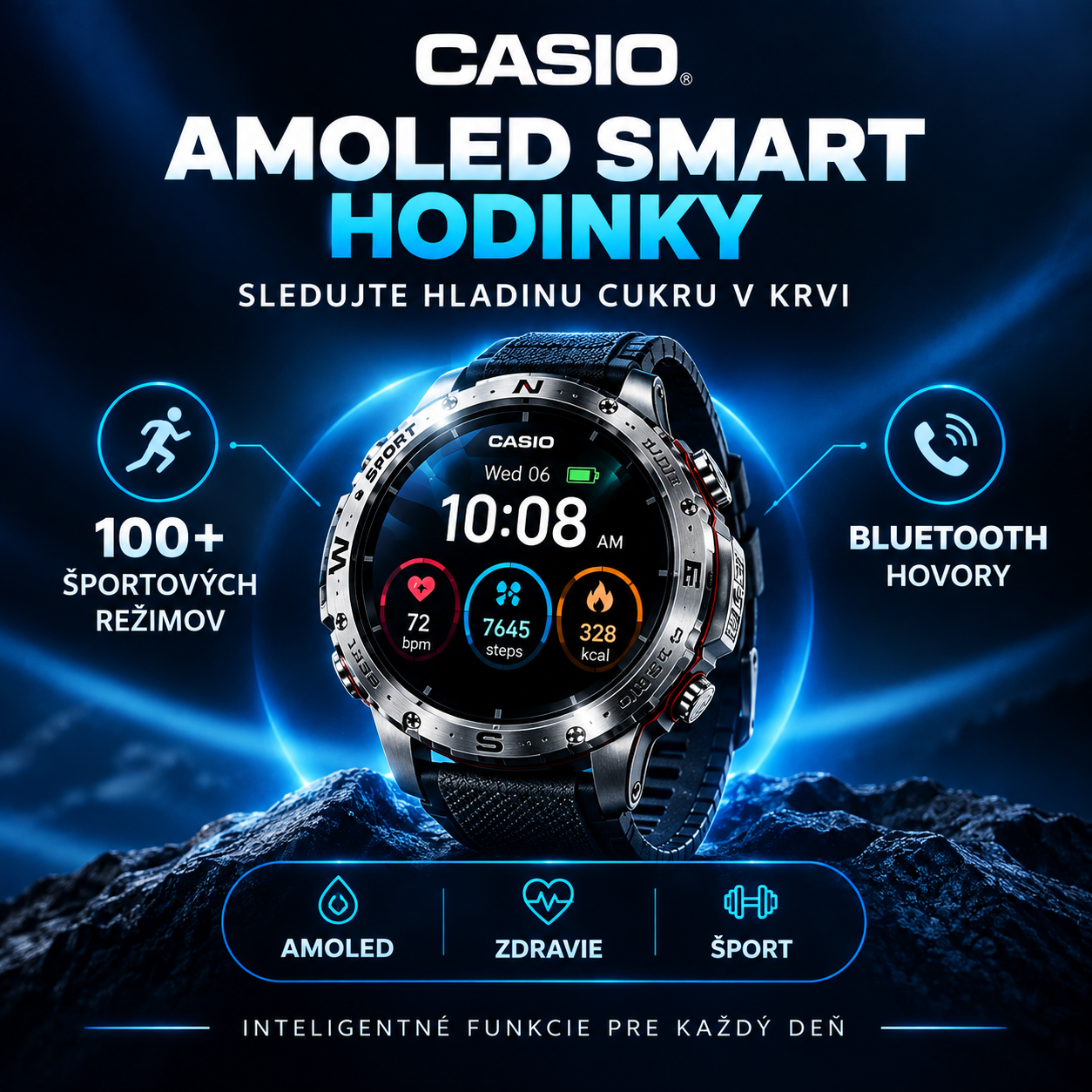 AMOLED SMART HODINKY V ŠTÝLE CASIO – HLADINA CUKRU V KRVI, BLUETOOTH HOVORY, 100+ ŠPORTOVÝCH REŽIMOV