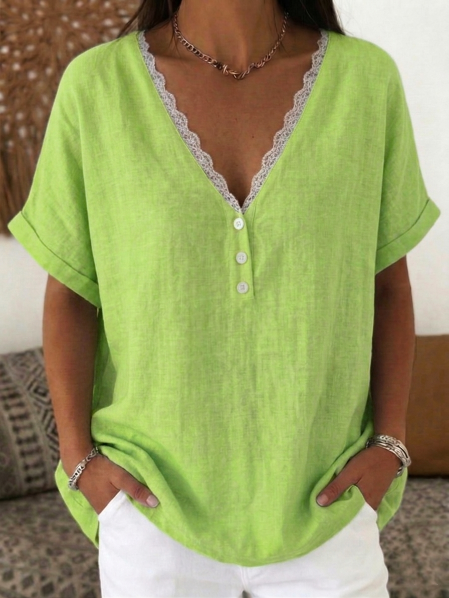 Casual Retro V-neck Lace Linen-cotton Shirt Blouse
