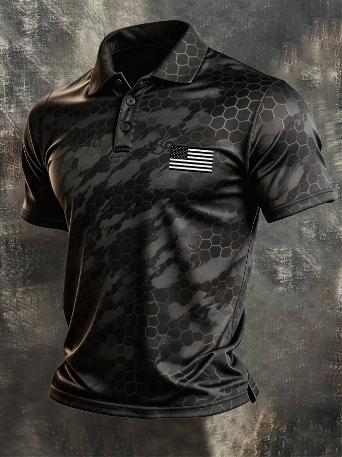 Men's Retro Patriotic Color-Block Short-Sleeve Polo Shirt