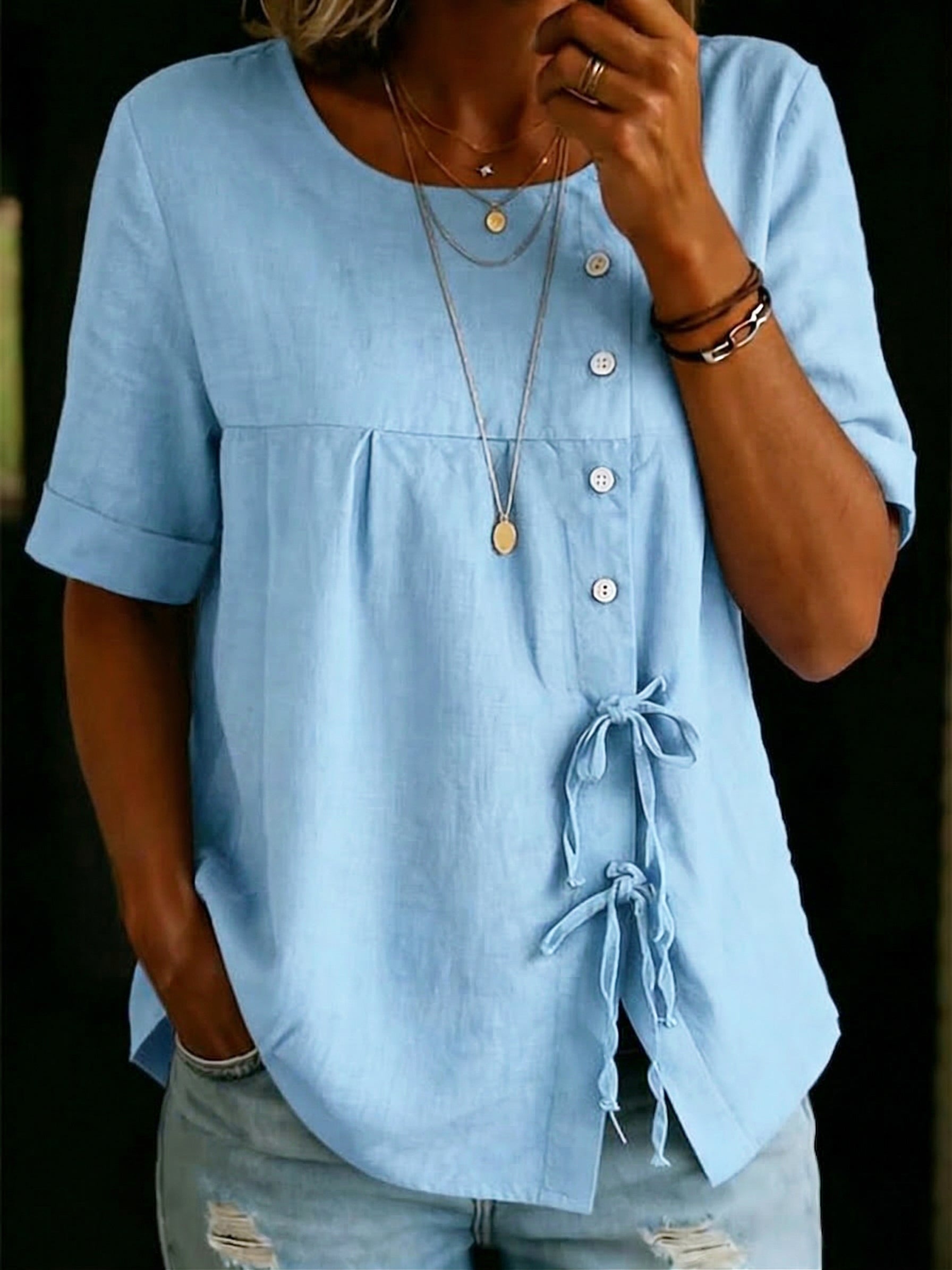 Casual Cozy Buttons Tie Cotton-linen Blouse