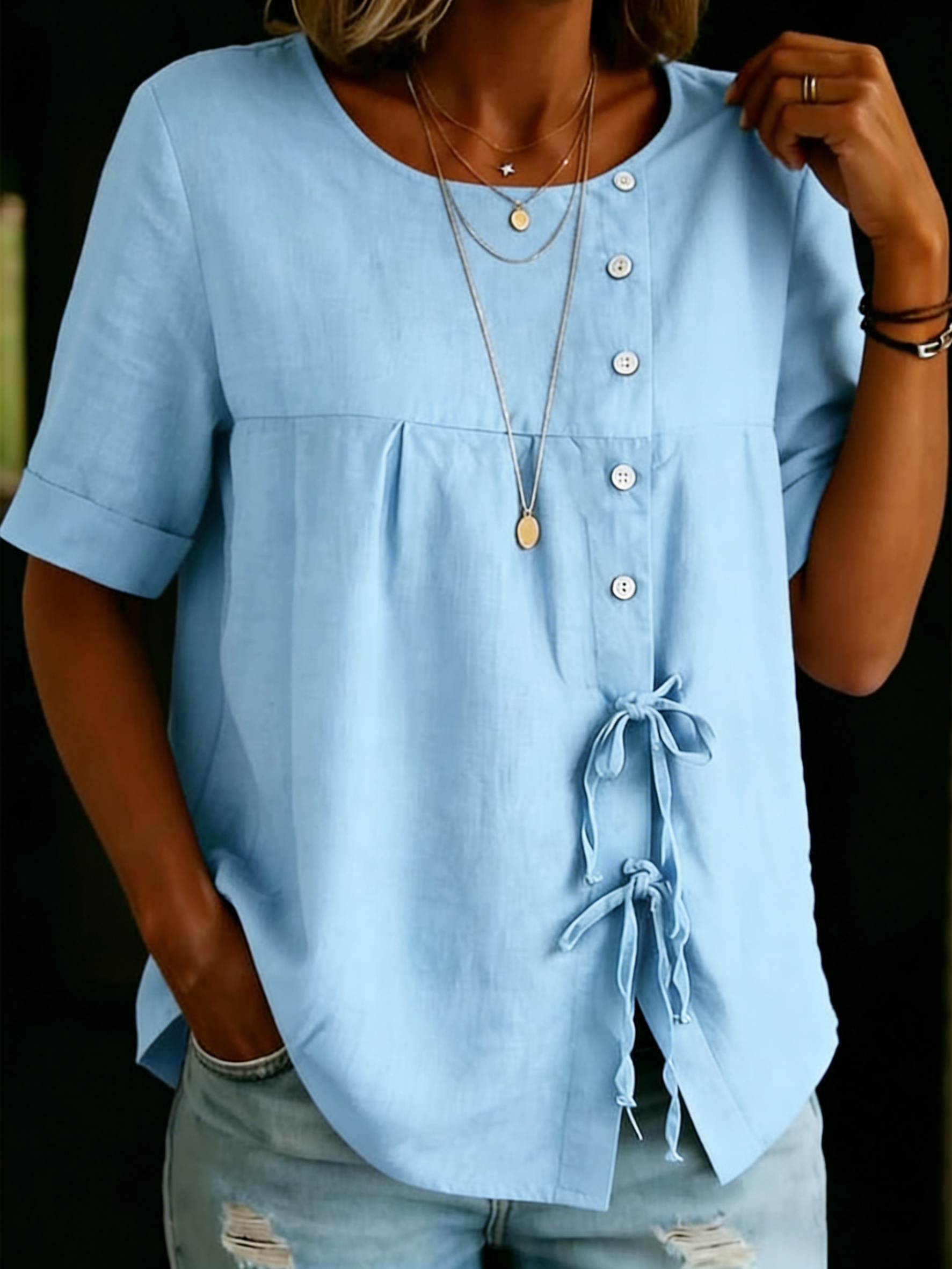 Casual Cozy Buttons Tie Cotton-linen Blouse