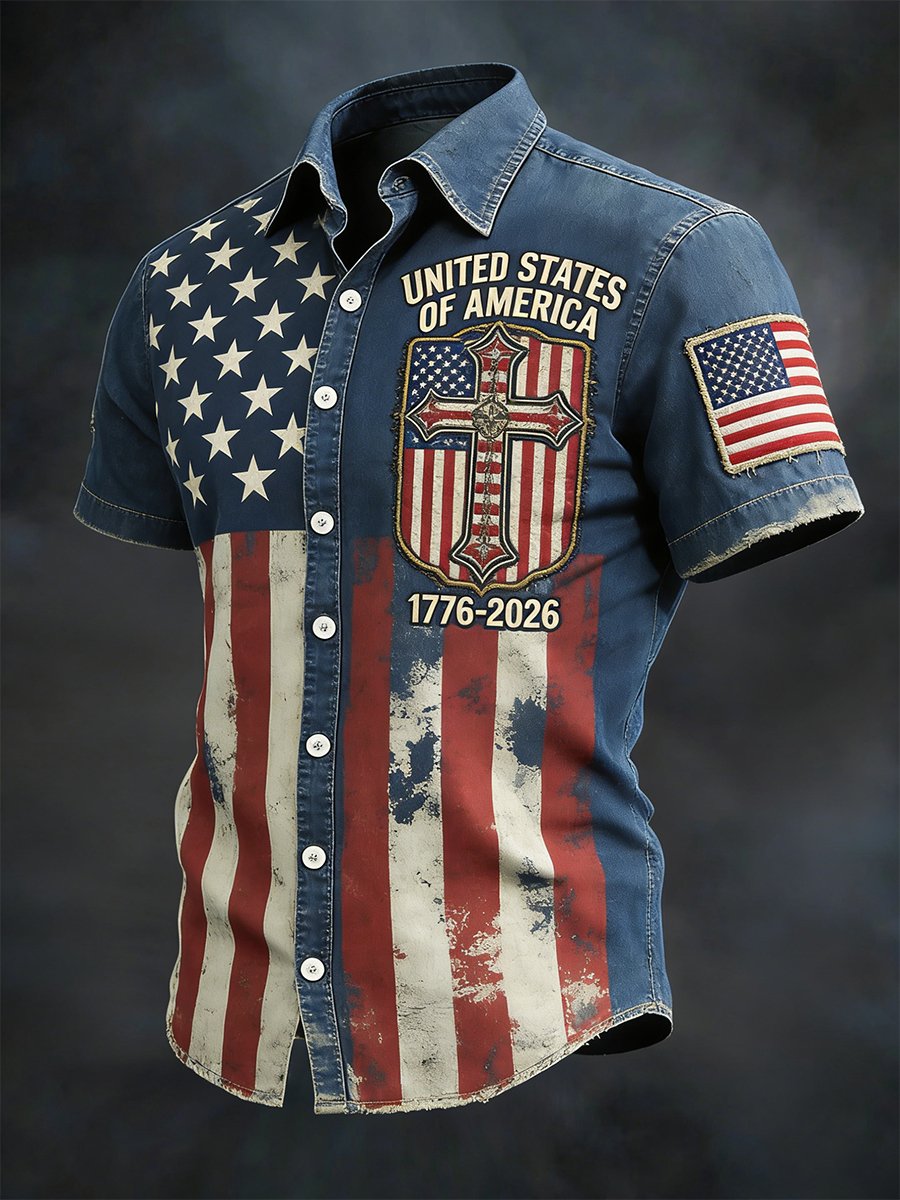 Men's Retro American 250th Anniversary Denim Short-Sleeve Shirt