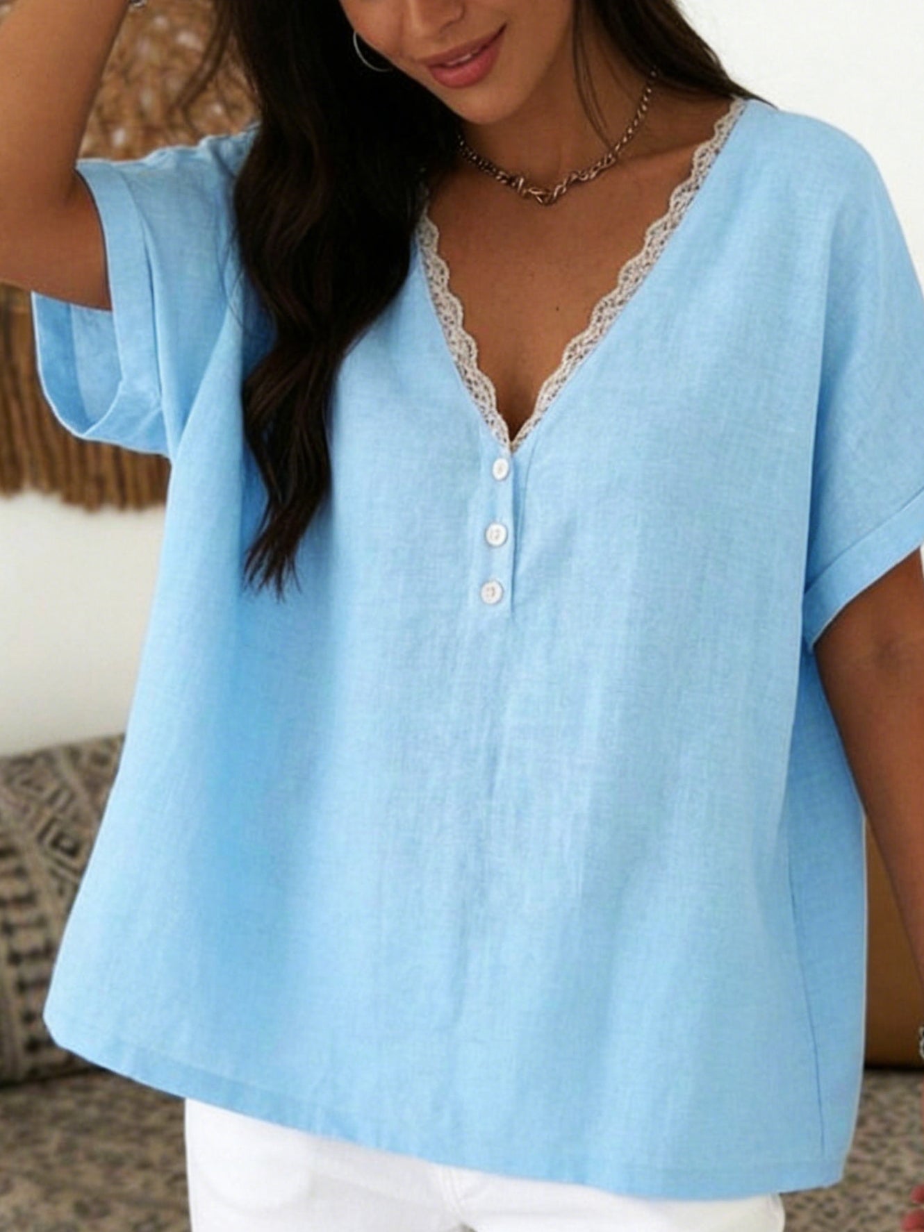 Casual Retro V-neck Lace Linen-cotton Shirt Blouse