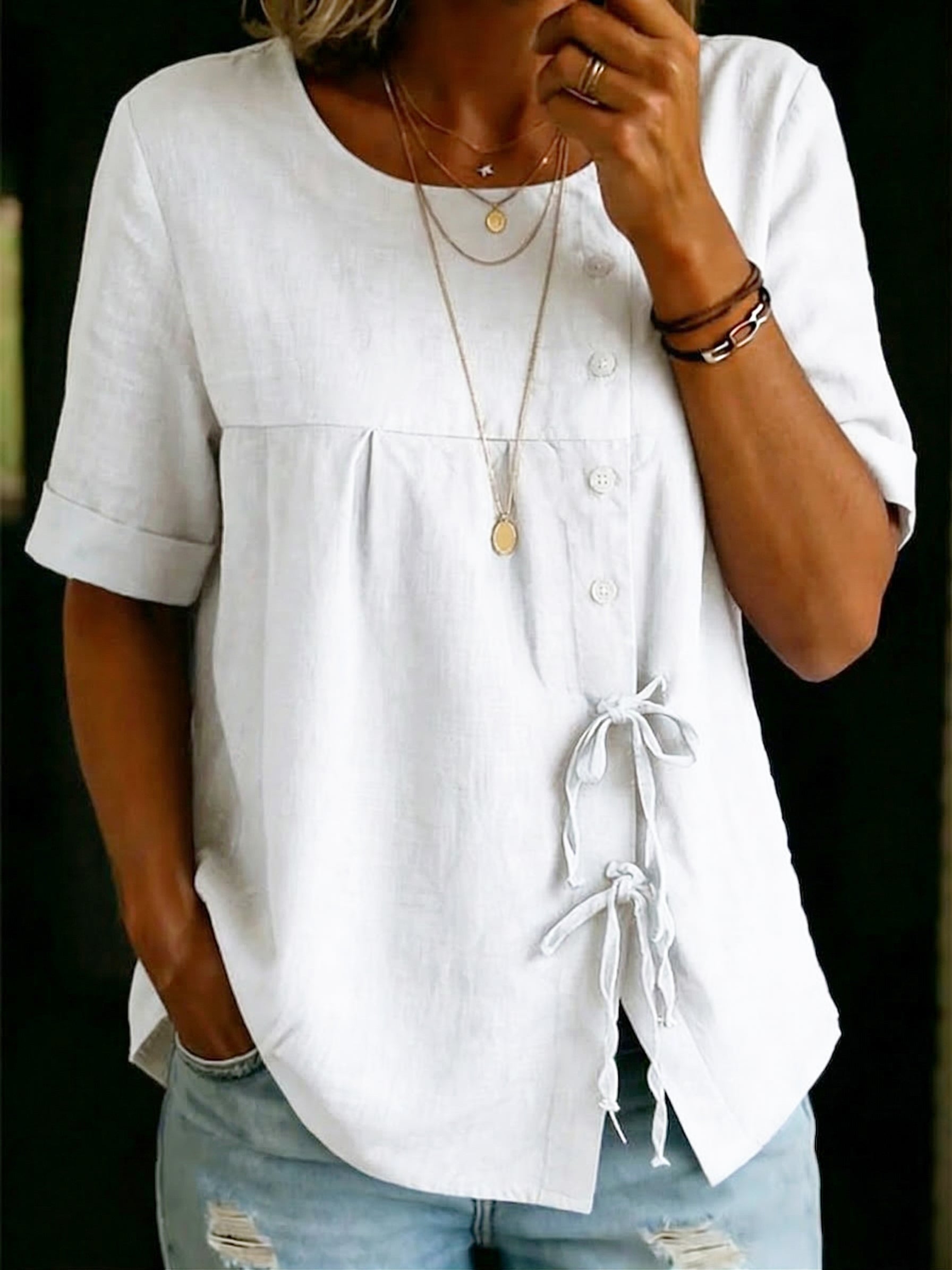 Casual Cozy Buttons Tie Cotton-linen Blouse