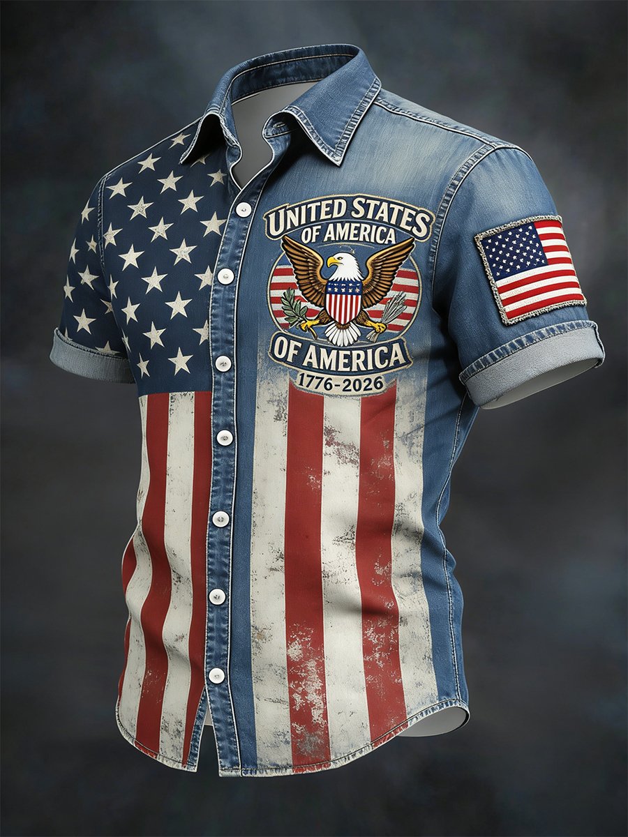Men's Retro American 250th Anniversary Denim Short-Sleeve Shirt