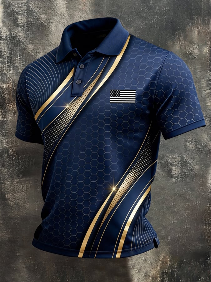 Men's Retro Patriot Color Block Polo Collar Short Sleeve