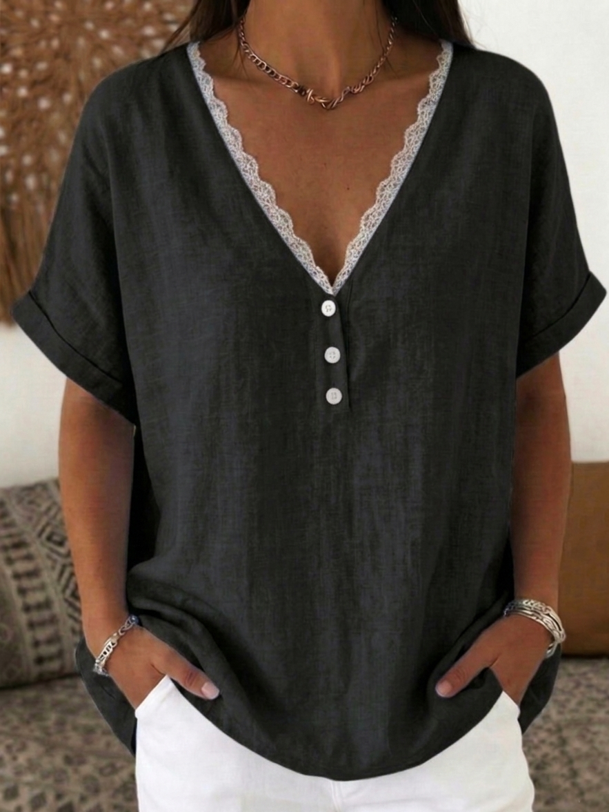 Casual Retro V-neck Lace Linen-cotton Shirt Blouse
