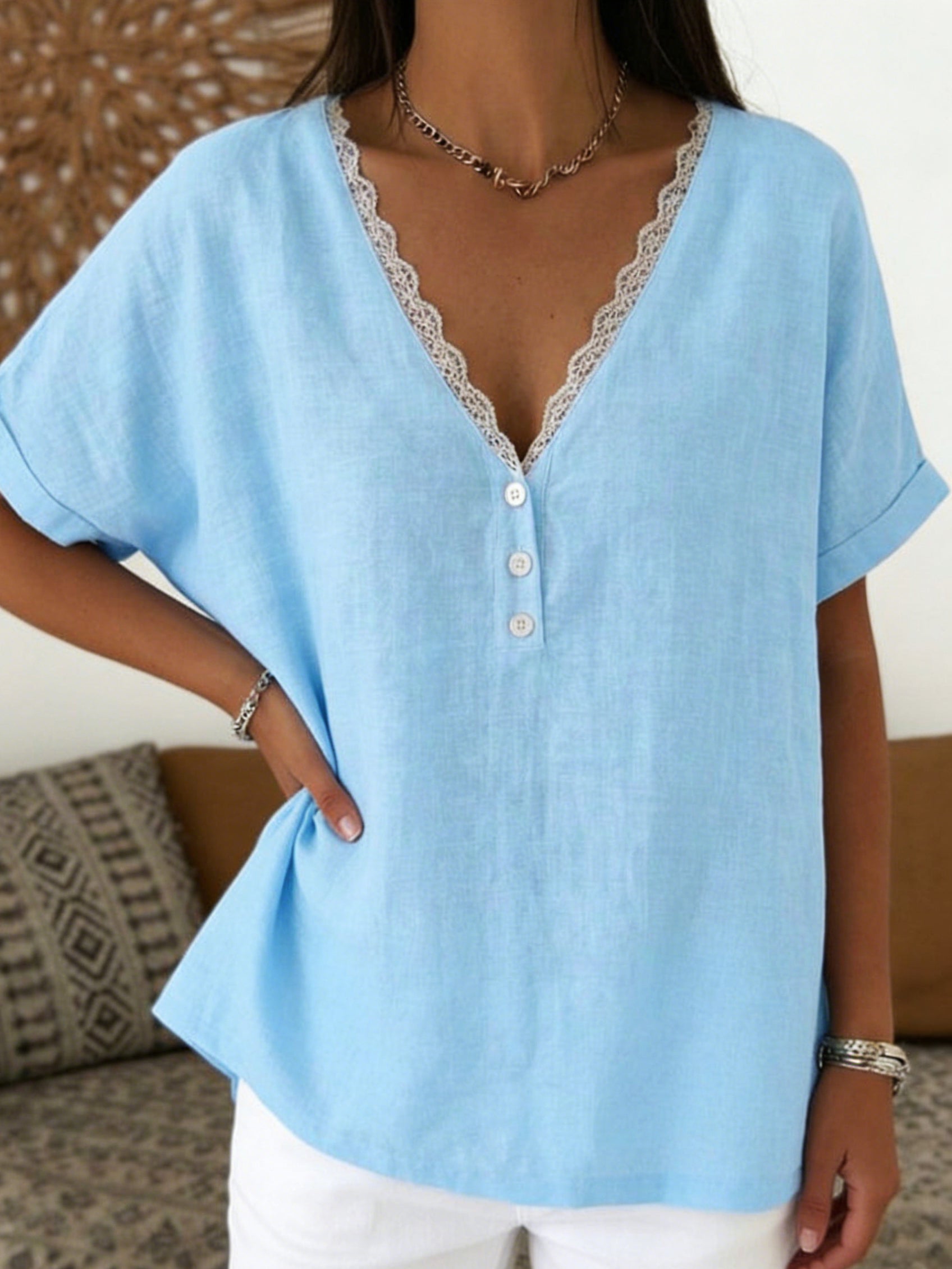 Casual Retro V-neck Lace Linen-cotton Shirt Blouse