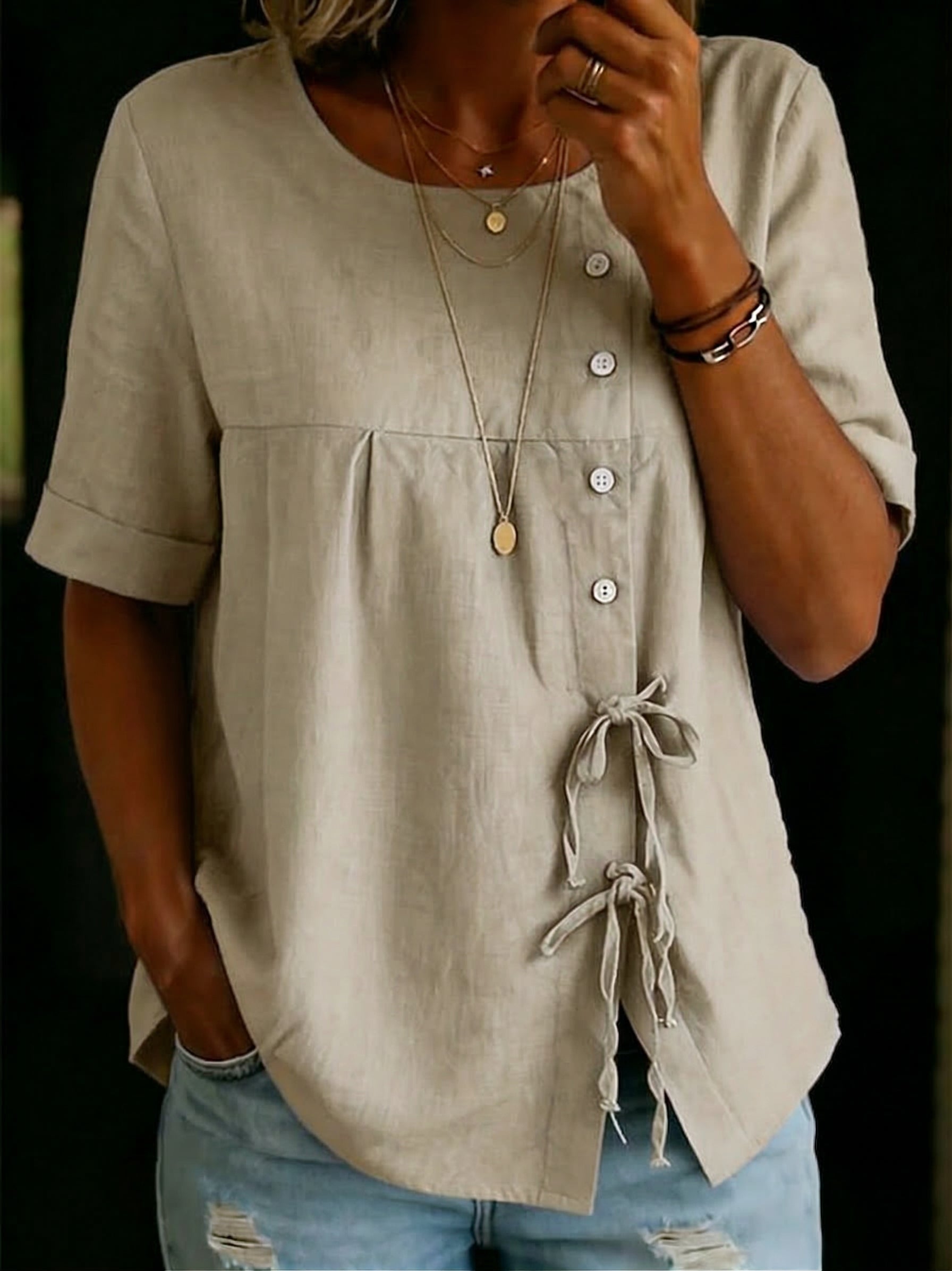 Casual Cozy Buttons Tie Cotton-linen Blouse