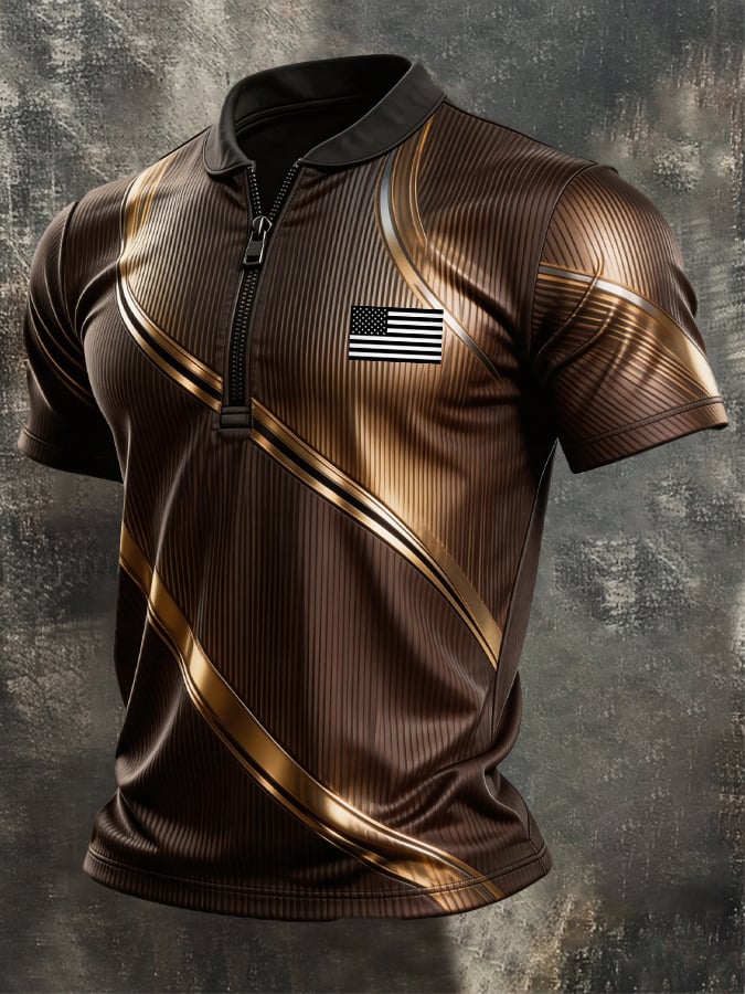 Men's Retro Color-Block Zip-Up T-Shirt